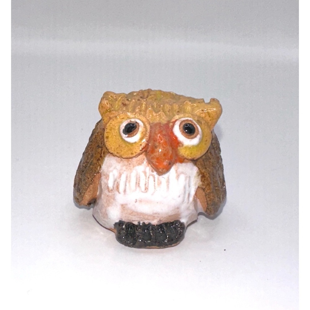 Vintage Owl Folk Art 1975 Owl Pottery Figure, Just Over 1” Tall, Miniature Owl